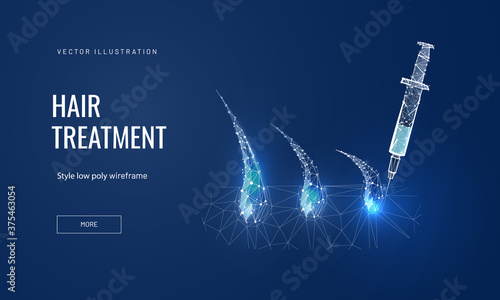 Hair treatment concept in polygonal futuristic style for banner. Vector illustration of the process of a medical or salon procedure mesotherapy or prp for hair growth. Hair bulbs with syringe on blue