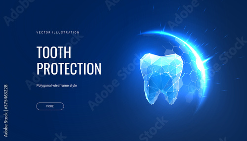 Teeth protection futuristic vector illustration in polygonal style. Shield over tooth concept for dental advertising about safety in technological geometric interpretation