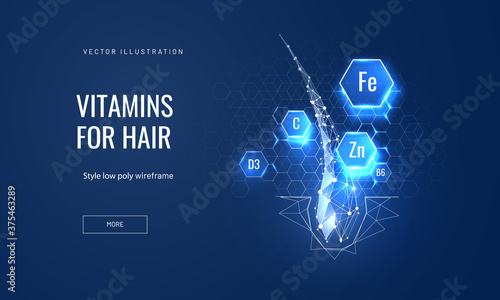 Hair nutrition with vitamins concept in polygonal futuristic style for landing page. Hair analysis for minerals vector illustration on a blue background banner for the trichologist