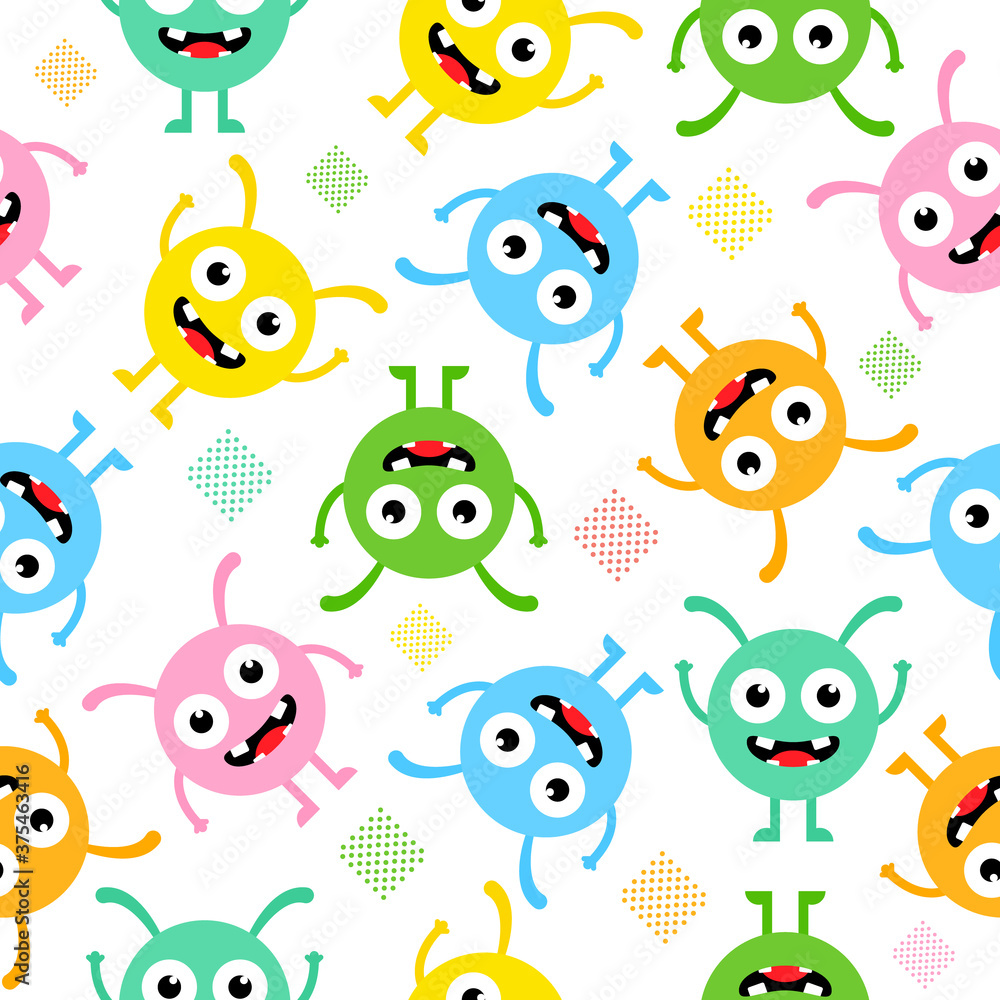 Fototapeta premium Seamless pattern cartoon cute monsters background. Halloween design vector illustration isolated on white background