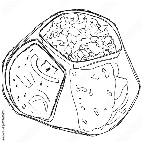 Indian food drawn with a pencil. chapati, bread, tortilla, salad, tikka masala, curry. tray. vector eps 10 black and white sketch