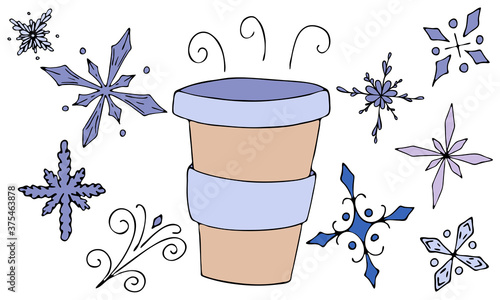set of blue elements for winter - freehand snowflakes, a cup with hot coffee from a coffee shop, cute winter doodles, vector set of colored elements in doodle style