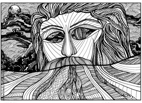 Eye of God, big head, giant face with patterns, mustache and hair on the background of clouds and the moon looks due to horizon at the earth, wide fields and rivers. Coloring, surreal, abstraction.