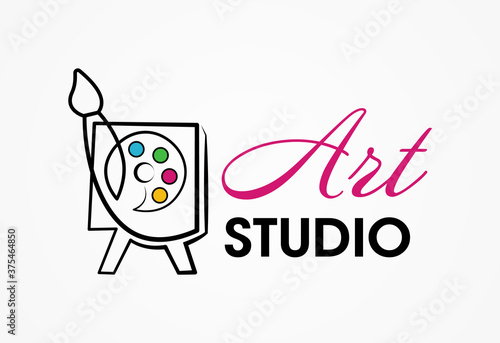 Creative concept of one line for art school or art studio. Easel palette and brush icon. Painting academy sign.