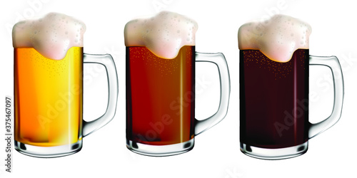
Isolated image of different types of beer with foam. Realistic vector illustration of glass mugs with beer. Holiday Oktoberfest.