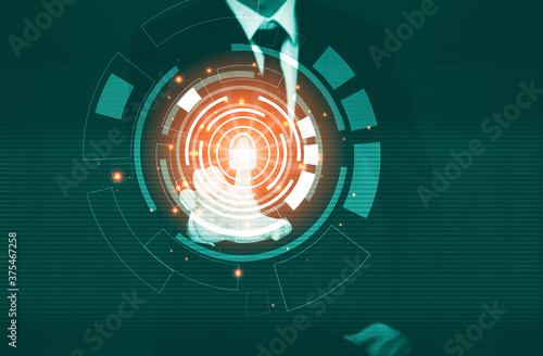 Businessman Touching in graph Screen code of a media screen on the White background,Technology Process System Business and hacks online concept, Copy space
