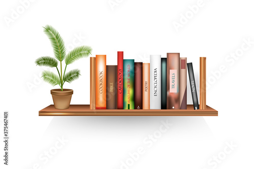 Bestseller mockup with cover stand on shelf in library or store.Realistic book volumes with empty spines and pot stand in row at rack hang on wall.