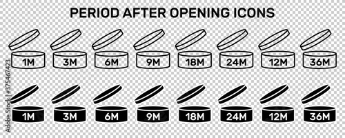 Period after open icons set. PAO symbols. Round box with cap opened. Expiration period in months signs for cosmetic packaging on transparent background.