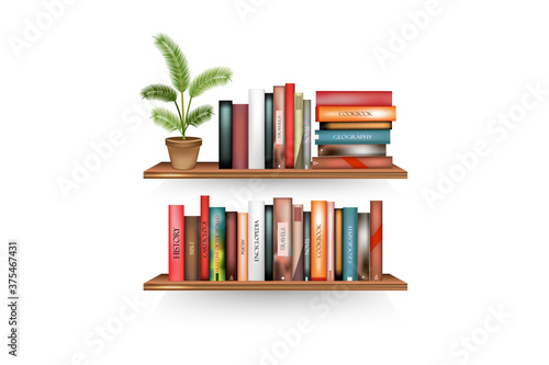Bestseller mockup with cover stand on shelf in library or store.Realistic book volumes with empty spines and pot stand in row at rack hang on wall.