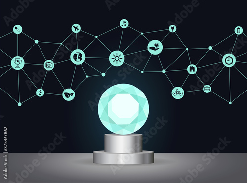 Crystal gem, blue shiny diamond illustration, network ecology technology, green energy icons