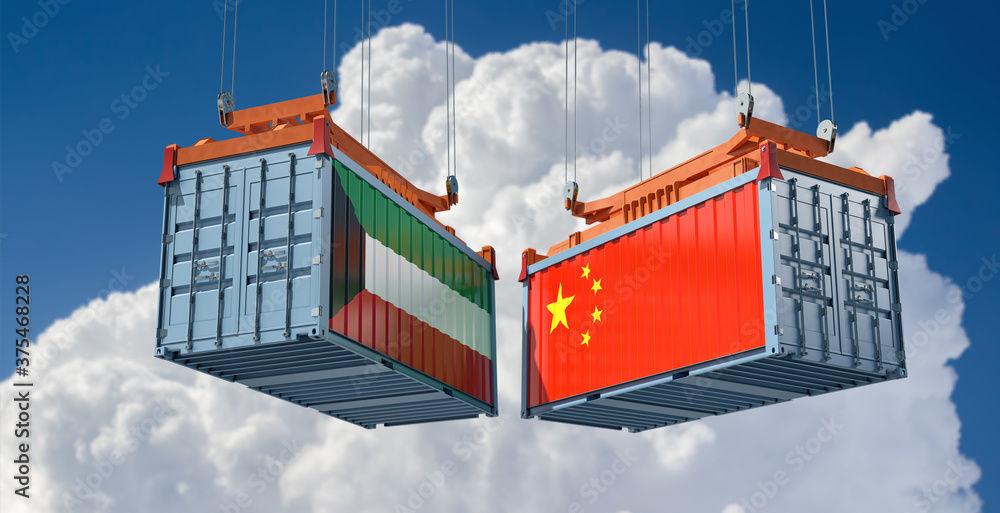 Freight containers with China and Kuwait flag. 3D Rendering 