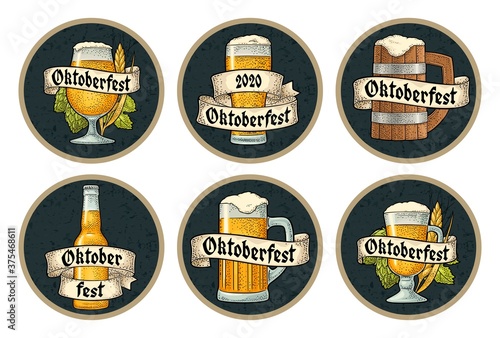 Set different glasses beer with ribbon. Vector engraving color vintage