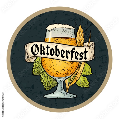 Glass beer with ribbon. Vector engraving color vintage