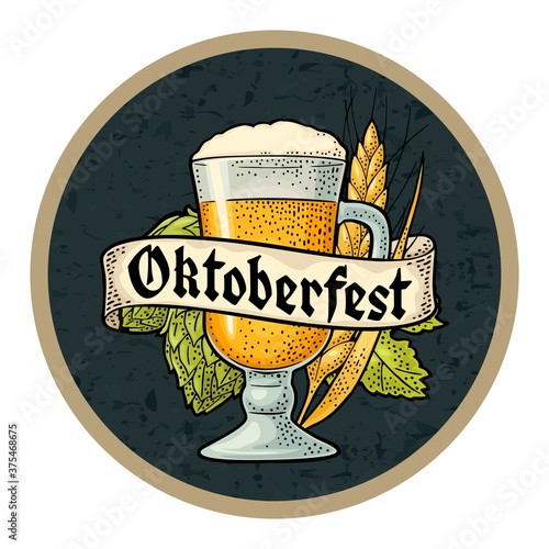 Glass beer with ribbon. Vector engraving color vintage