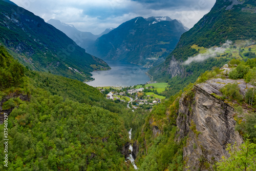 Scenic view of the Geiranger Fjord, Norway. A spectacular, narrow finger of the Sunnylvsfjorden, a branch of the Storfjorden. Geiranger village is located at the end of the fjord © Luis