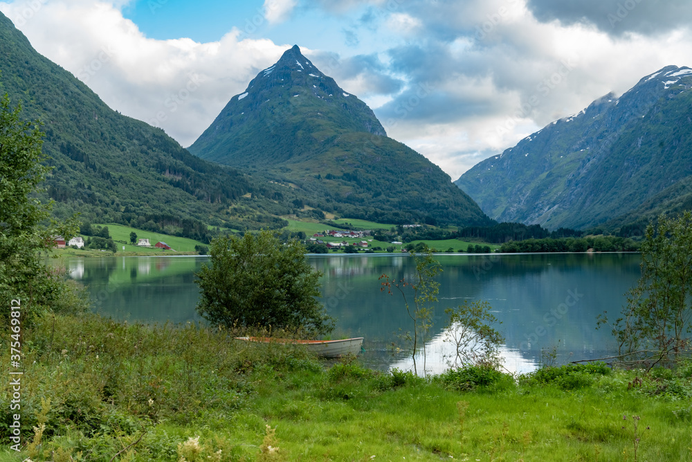 Gorgeous, mountain lake and fjord scenery along the Gaular River Valley, Sunnfjord, Vestland, Norway