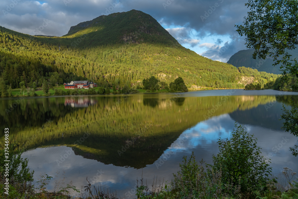Fototapeta premium Gorgeous, mountain lake and fjord scenery along the Gaular River Valley, Sunnfjord, Vestland, Norway