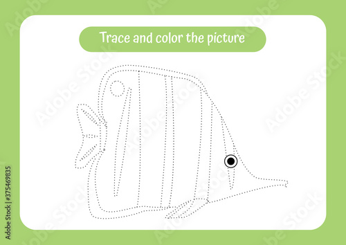 Tropical fish. Trace and color the picture.Educational game for children. Handwriting and drawing practice. Ocean theme activity for toddlers, kids.