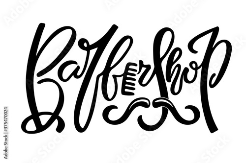 Barbershop logo design. Black and white barbershop logotype with hairbrush and mustache design element isolated on white background. Be used as header or template for logotypes, labels, cards.