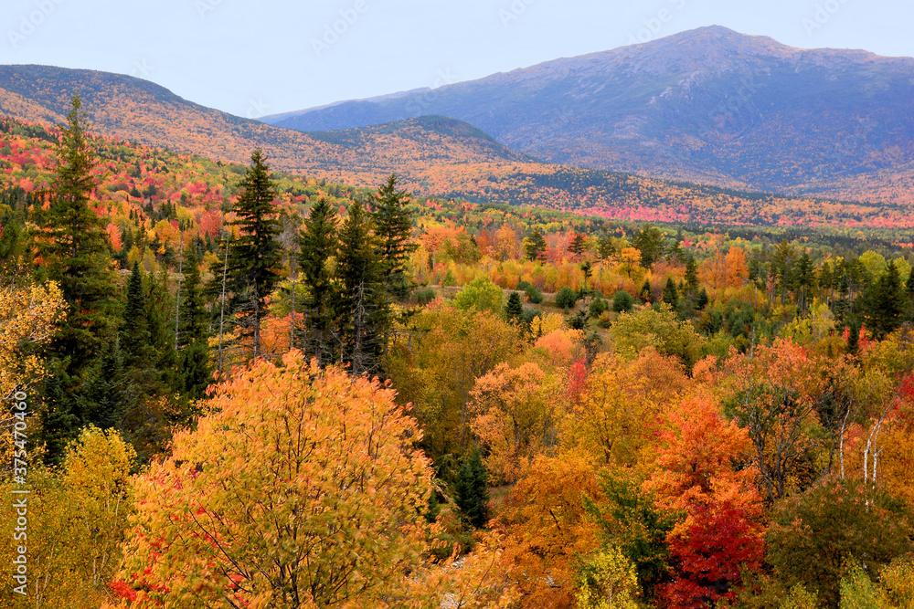 Breathtaking scenic view of rugged summit of Mount Washington in White Mountain National Forest of New Hampshire framed by brilliant fall foliage.