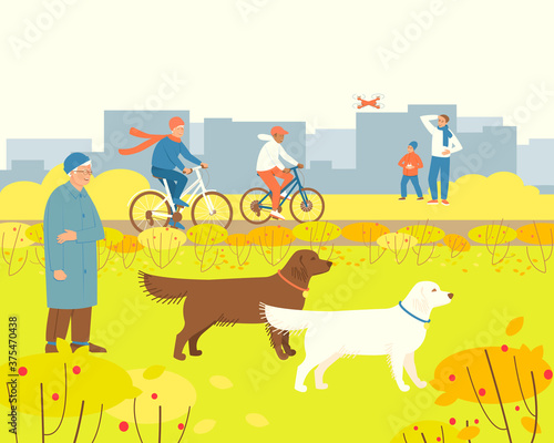 Autumn park with people resting. Dad is watching Child playing drone. Dog handler walks Labradors. Grandma rides a bicycle with her grandson. Flat vector illustration.