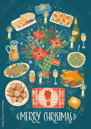 Christmas and Happy New Year illustration of christmas table. Festive meal