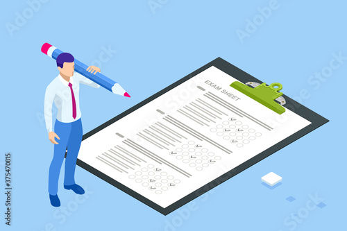 The student filling out answers to exam test answer sheet with a pencil. Education concept. Isometric vector illustration