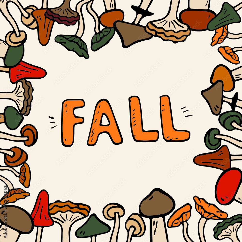 Vector flat illustration banner with inscription fall with autumn leaves. Doodle objects are cut out. Background decoration.