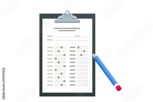 The student filling out answers to exam test answer sheet with a pencil. School and Education. Test score sheet with answers