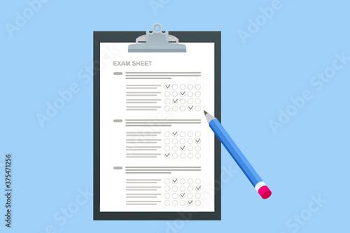The student filling out answers to exam test answer sheet with a pencil. School and Education. Test score sheet with answers