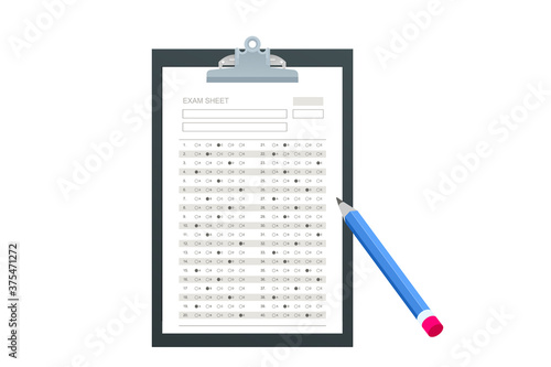 The student filling out answers to exam test answer sheet with a pencil. School and Education. Test score sheet with answers