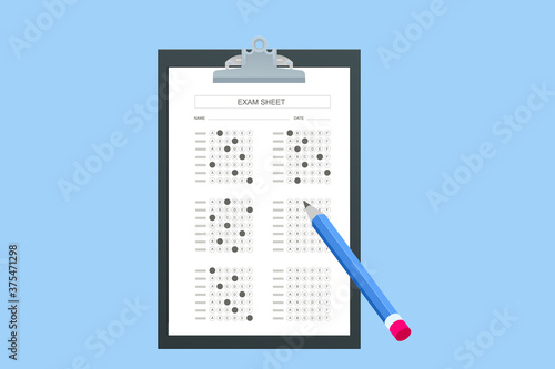The student filling out answers to exam test answer sheet with a pencil. School and Education. Test score sheet with answers