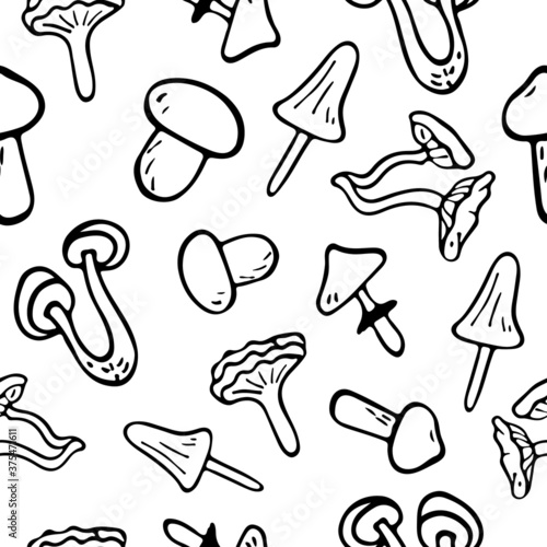 Vector flat illustration seamless pattern mushrooms icons. Doodle objects are cut out. Background decoration.