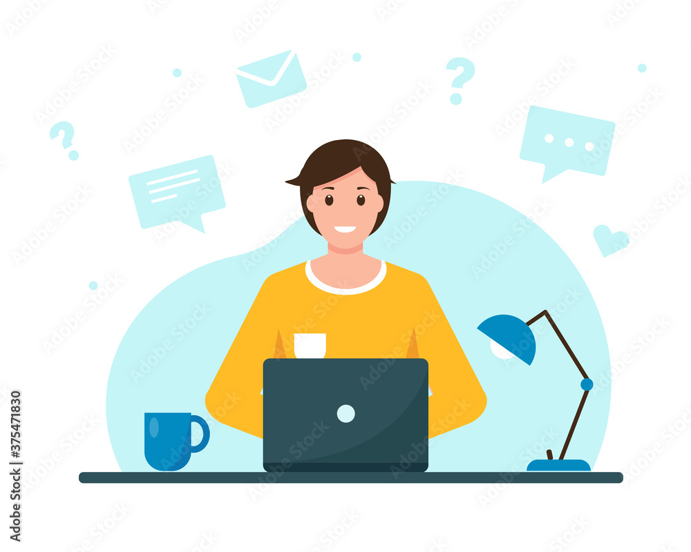 Young man working or learning from home. Young man working or learning from home.