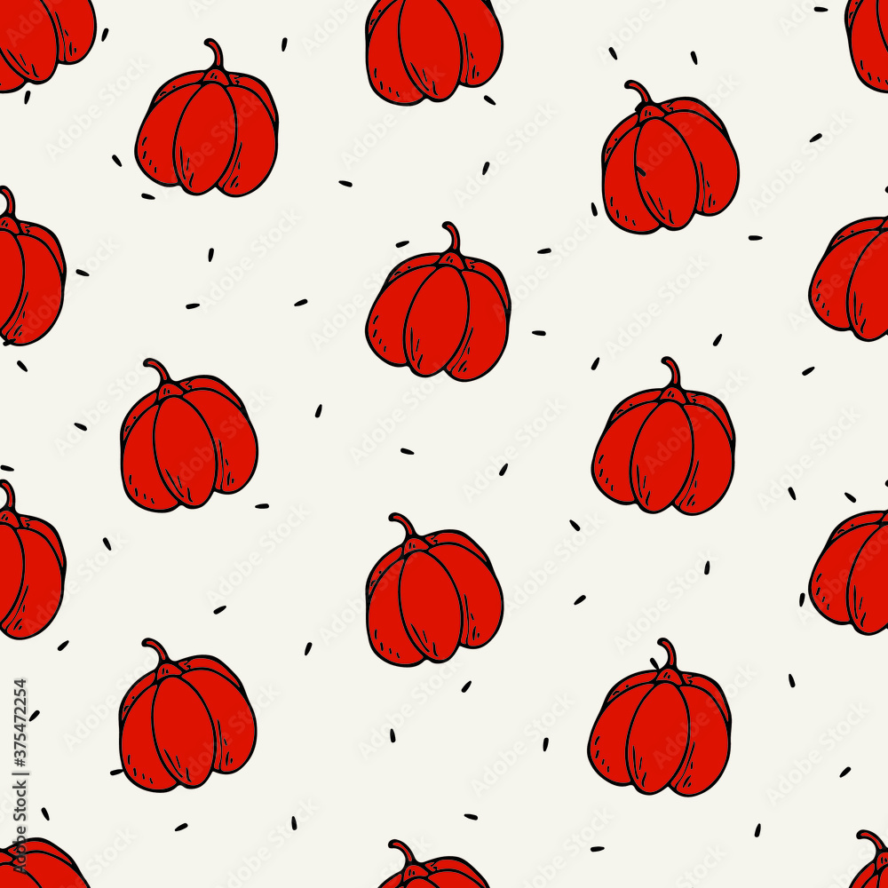 Vector flat illustration seamless pattern on an autumn theme. Pumpkin doodle objects are cut out. Background decoration.