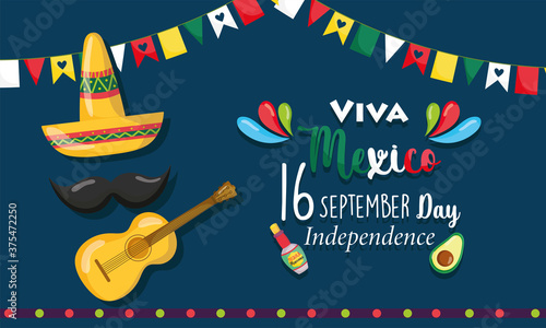 mexican independence day  hat guitar mustache bunting decoration  viva mexico is celebrated on september