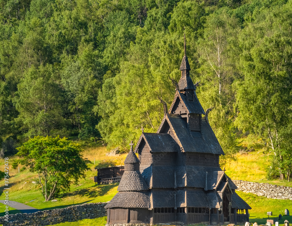The magnificent Borgund Stave Church, Laerdal, Vestland, Norway. Built around 1200 AD with wooden boards on a basilica plan.