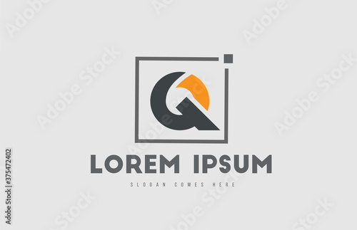 orange grey Q alphabet letter logo icon. Square design for business and company identity
