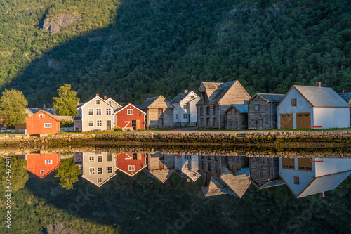 The beautiful old village of Lærdalsoyri, Vestland, Norway. Once a major trading port between east and west Norway. Well preserved historical center dating from 1700-1800
