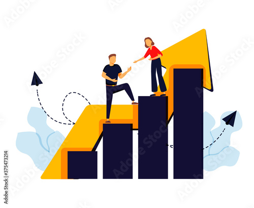 Employees giving hands and helping colleagues to walk upstairs. Team giving support, growing together. Vector illustration for teamwork, mentorship, cooperation concept