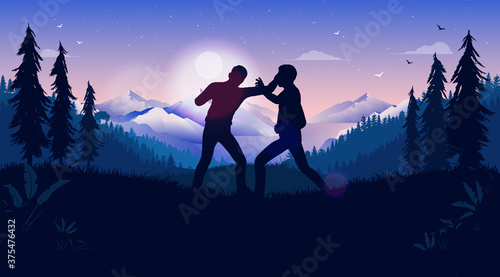 Fight outside - Two men fighting outdoors in cold weather while sun is going down. Anger and violence concept. Vector illustration.