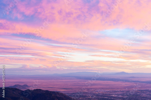 Sunset across New Mexico landscape from Sandia Peak  Albuquerque  New Mexico  USA.