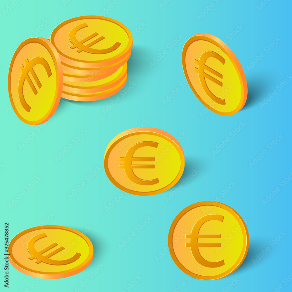 Set of Euro gold coins. Coins in different angles with shadows on a blue-green background.Can be used as design elements.Vector illustration.