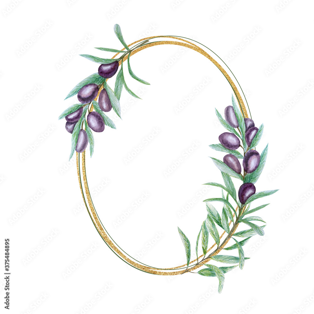 Watercolor black olive wreath, gold frame with olives branch leaves ...
