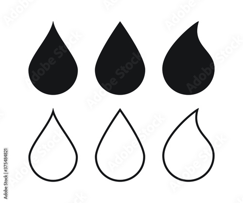 Drop shape icon collection. Simple shape liquid symbol. Water or oil sign. Rain and leak sign. Aqua logo. Isolated on white background. Vector illustration image.