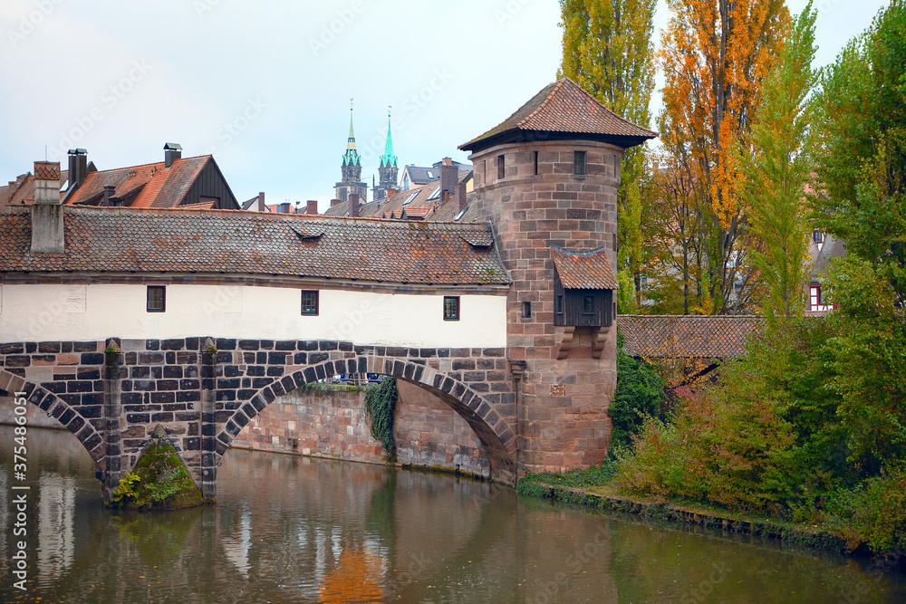 Nuremberg Henker Brucke over Pegnitz river in the autumn 