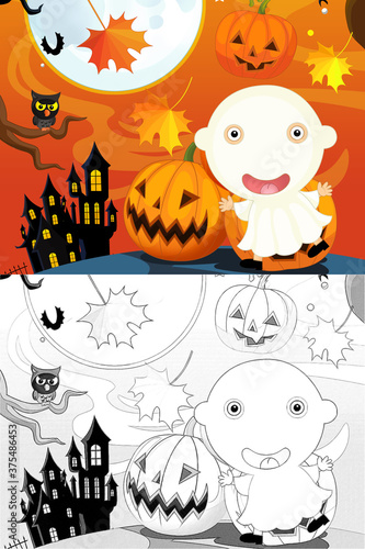 Cartoon halloween scene with sketch illustration