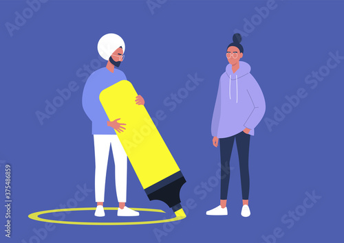 A character drawing a line around themselves with a neon yellow highlighter, a virus spread prevention, personal boundaries