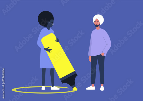 A character drawing a line around themselves with a neon yellow highlighter, a virus spread prevention, personal boundaries