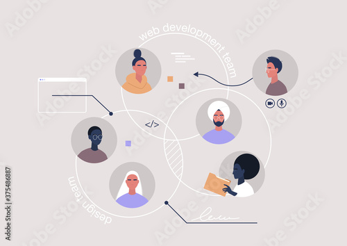 A teamwork organisational scheme, a diverse group of young professionals working together on a project